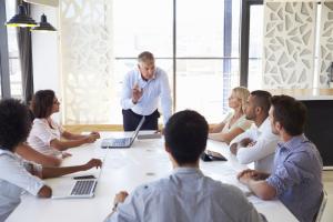 Mature businessman presenting to colleagues at a meeting