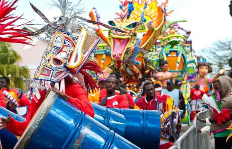 A colourful parade crossing through the city streets of Nassau.