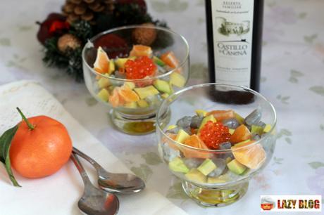 Tartar de langostinos con aguacate,  mandarinas  y huevas. Receta urgente para Nochebuena