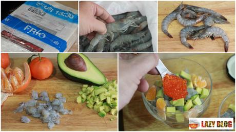 Tartar de langostinos con aguacate,  mandarinas  y huevas. Receta urgente para Nochebuena