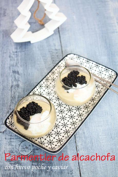 Parmentier de alcachofa con huevo poche y caviar