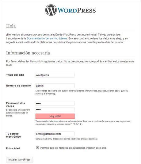 Datos de instalación de WordPress