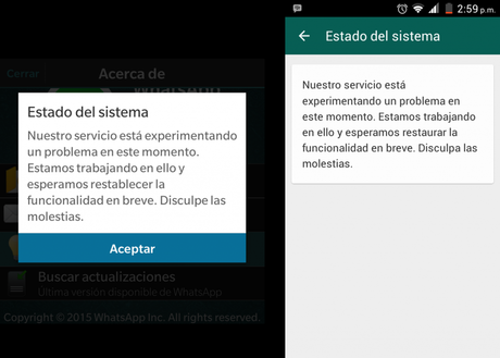 El servicio de WhatsApp presenta una caída a nivel mundial Mensajes de “Estado de sistema” en plataforma Android y BlackBerry 10