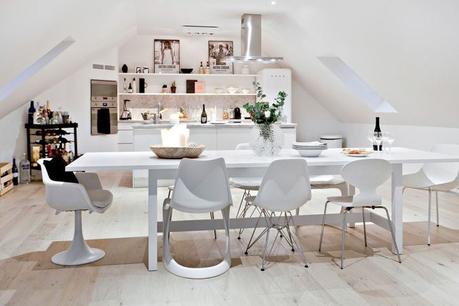 decoración comedores blancos decoblog estilo nórdico iluminación natural ventanas abuhardilladas Suelos de roble macizo pisos nórdicos distribución diáfana blog decoración mármol decoración de interiores 