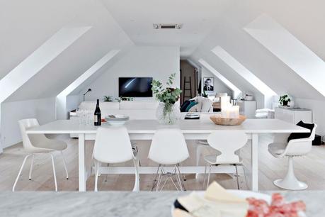 decoración comedores blancos decoblog estilo nórdico iluminación natural ventanas abuhardilladas Suelos de roble macizo pisos nórdicos distribución diáfana blog decoración mármol decoración de interiores 