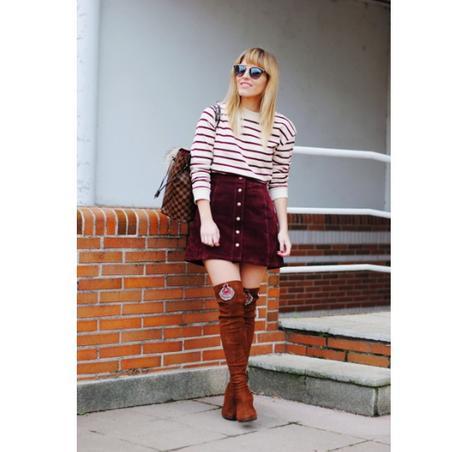 Burgundy skirt.