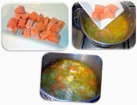 Caldo de verduras y salmón