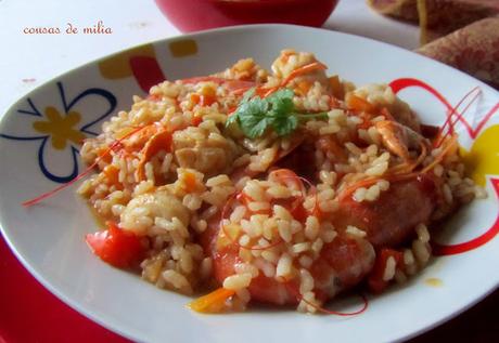 Arroz con vieiras y langostinos (reciclaje navideño)