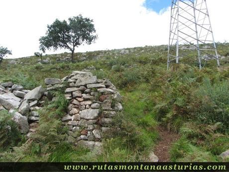 Ruta Bueño Peña Avis: Camino entre la torre de electricidad y muro de piedra