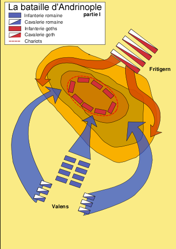 Adrianápolis. Momento en que las fuerzas de Valente, intentando asaltar la posición elevada y fortificada con un círculo de carretas de las fuerzas de Fritigerno; son rodeadas por éstas y exterminadas.