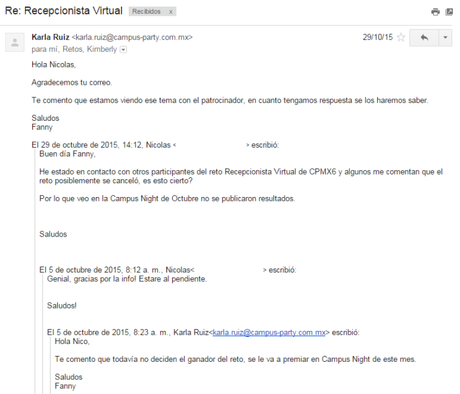 Problemas en los concursos de Campus Party México Historial de correos electrónicos