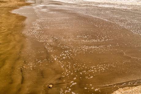 Una piedra en la arena, sola, e primer plano y luego la espuma del mar como acariciando la playa.