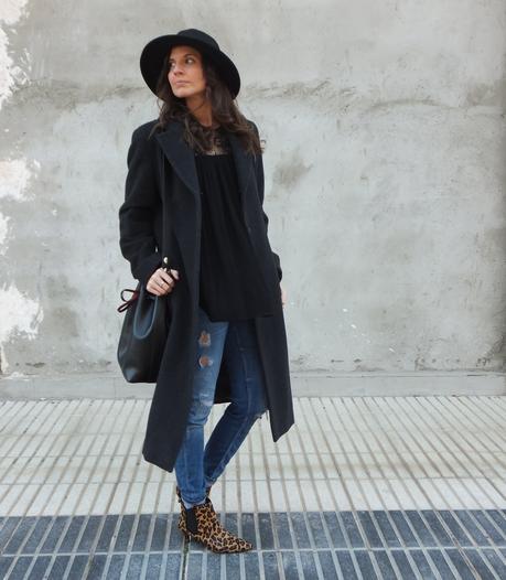 long grey coat - leaopard booties - fedora hat - fashion blogger outfit 