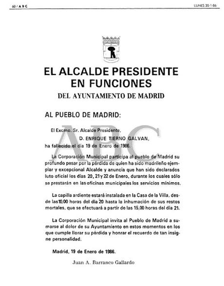 El día de Tierno Galván: Funerales y Bandos. 1986