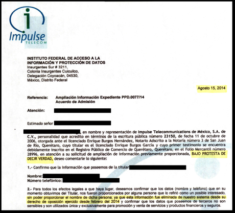 Respuesta de Impulse Telecom donde afirman que la información de la persona que refirió al Titular fué eliminada