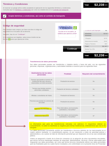 Aviso de Privacidad de Volaris donde de manera engañoza obligan a sus clientes a autorizar la transferencia de sus datos personales