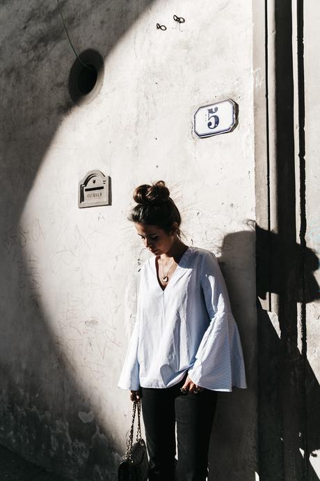 Florence-Collage_On_The_Road-Black_Jeans-Chanel_Slingback_Shoes-Blue_Shirt-Uterque-Topknot-Outfit-12