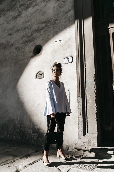 Florence-Collage_On_The_Road-Black_Jeans-Chanel_Slingback_Shoes-Blue_Shirt-Uterque-Topknot-Outfit-11