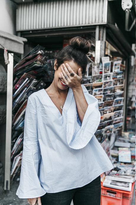 Florence-Collage_On_The_Road-Black_Jeans-Chanel_Slingback_Shoes-Blue_Shirt-Uterque-Topknot-Outfit-37
