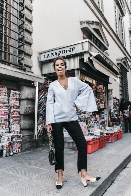 Florence-Collage_On_The_Road-Black_Jeans-Chanel_Slingback_Shoes-Blue_Shirt-Uterque-Topknot-Outfit-59