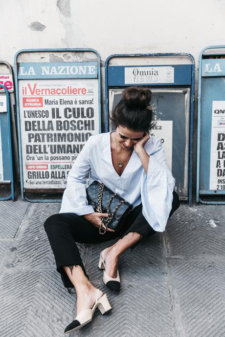 Florence-Collage_On_The_Road-Black_Jeans-Chanel_Slingback_Shoes-Blue_Shirt-Uterque-Topknot-Outfit-62