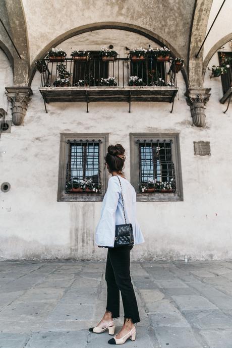 Florence-Collage_On_The_Road-Black_Jeans-Chanel_Slingback_Shoes-Blue_Shirt-Uterque-Topknot-Outfit-6