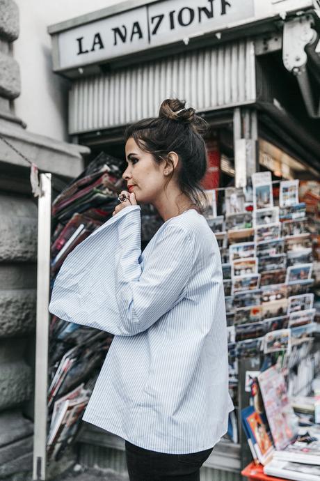 Florence-Collage_On_The_Road-Black_Jeans-Chanel_Slingback_Shoes-Blue_Shirt-Uterque-Topknot-Outfit-38