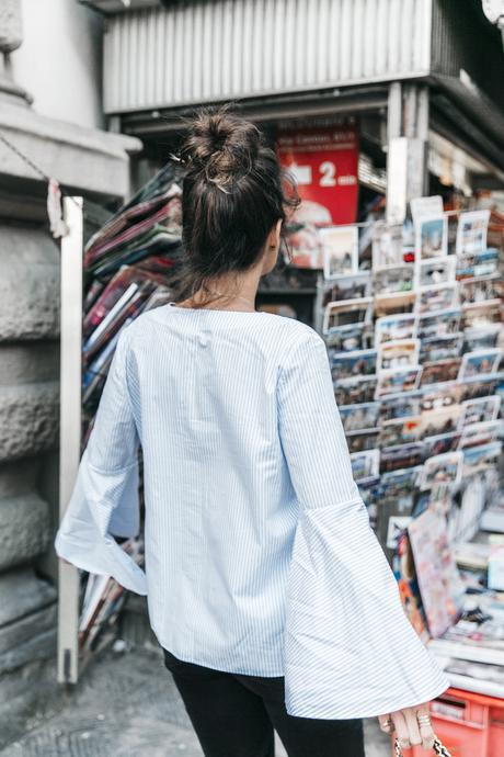 Florence-Collage_On_The_Road-Black_Jeans-Chanel_Slingback_Shoes-Blue_Shirt-Uterque-Topknot-Outfit-34