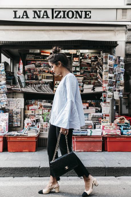 Florence-Collage_On_The_Road-Black_Jeans-Chanel_Slingback_Shoes-Blue_Shirt-Uterque-Topknot-Outfit-21