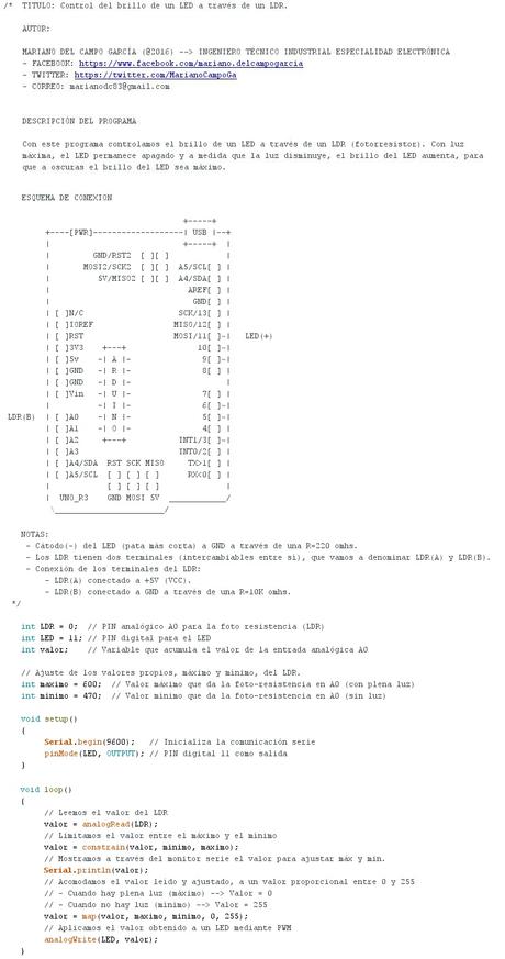 Control del brillo de un LED a través de un LDR