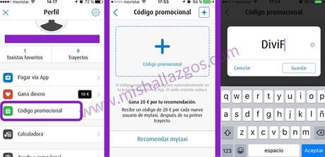 introducir codigo promocional en mytaxi