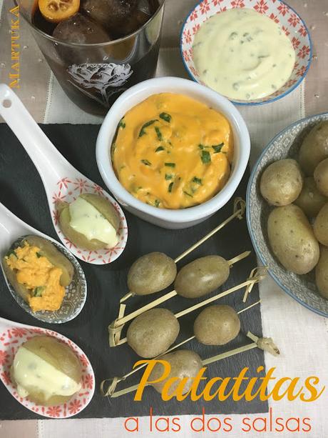Patatitas Con Dos Salsas: Mayonesa De Cebollino Y Cheddar Con Espinacas