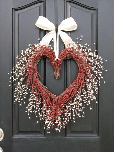 Heart Wreath - take two swags of floral from craft store- tie ends together (to make center of heart) - bend swags around and down and tie at bottom - add ribbon and hang.: 