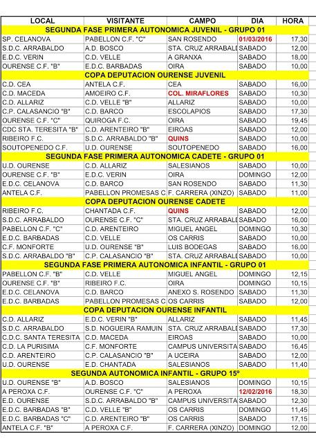Horarios fútbol ourensano, 13 y 14 de Febrero