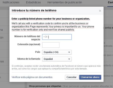 Verificación por teléfono. Nos aparece una ventana en la que se nos pide la comprobación por número de teléfono.