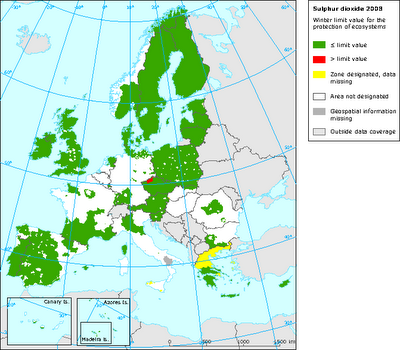 SO2: Mapa del valor límite invernal para protección de ecosistemas (Europa, 2008)