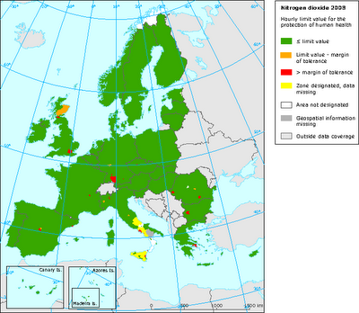 NO2: Mapa del valor límite horario para protección de la salud (Europa, 2008)