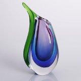 Hand Blown Purple, Blue, & Green Sommerso Teardrop Art Glass Vase with Angled Lip 9.5