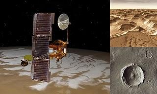 Concepto artístico del orbitador Mars Odyssey e imágenes tomadas por la sonda