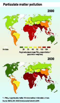 Mapa mundial de la contaminación por PM10 proyectada para 2030
