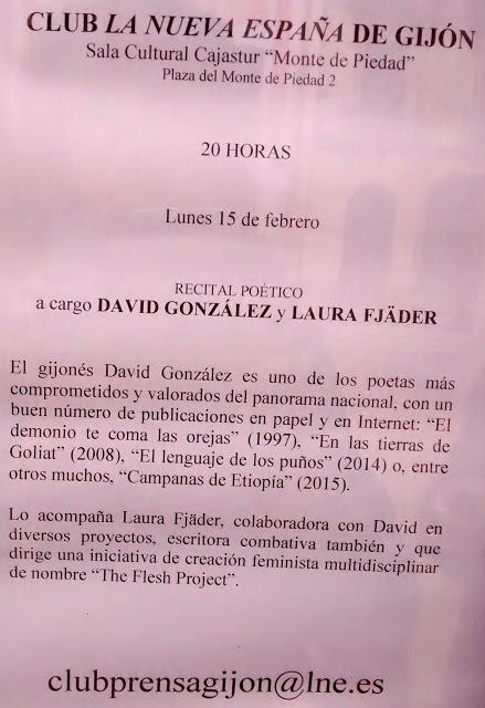 David González: Recital Poético: Mañana, 15 febrero 2016: