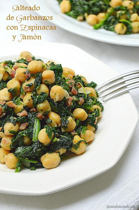 Salteado de garbanzos con espinacas y jamón
