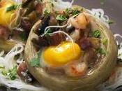 Alcachofas rellenas setas, jamón gambas