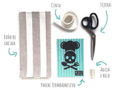 Materiales para hacer un delantal de un paño de cocina