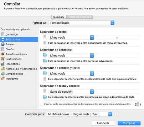 Estructura narrativa en Scrivener - compilar