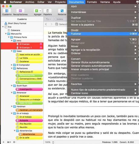 Estructura narrativa en Scrivener fusionar escena