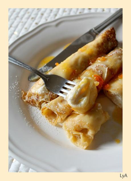 Crépes rellenos de ricotta con mermelada de mandarina... para el reto Color y sabor de temporada