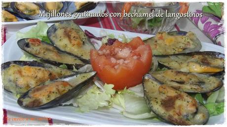 Mejillones gratinados con bechamel de langostinos