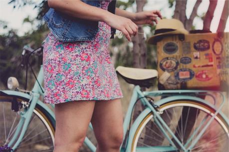 girl, woman, sundress, denim, vest, fashion, hat, fedora, bike, bicycle, people, summer, vintage, 
