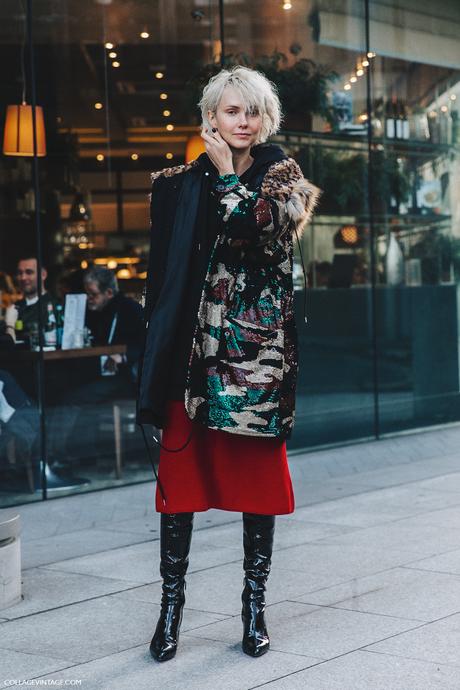 LFW-London_Fashion_Week_Fall_16-Street_Style-Collage_Vintage-Red_Midi_Skirt-Sequined_Parka-Christopher_Kane-Olga_Karput-